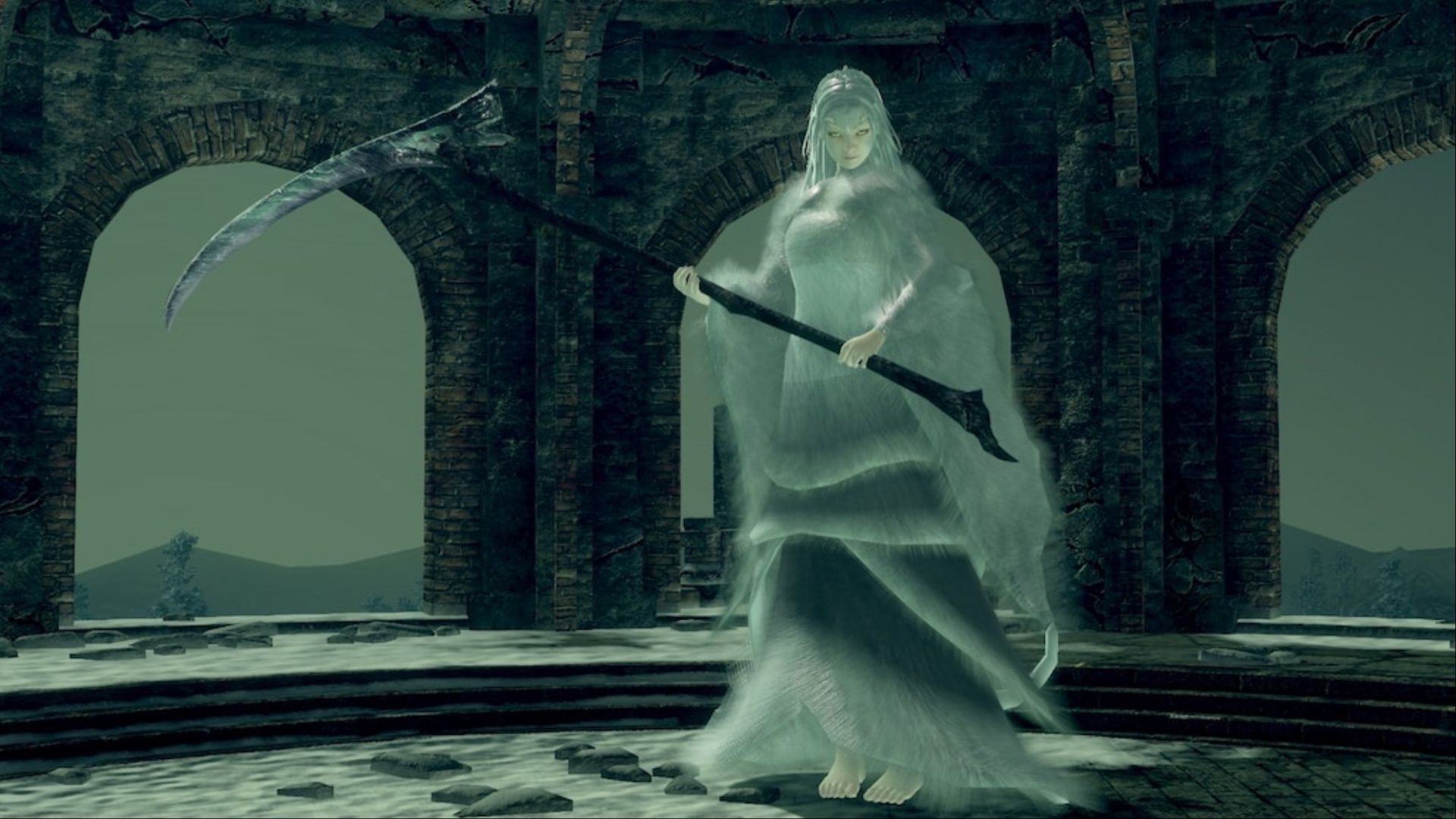 Crossbreed Priscilla standing with her scythe drawn in a tower locked away within the Painted World of Ariamis in Dark Souls.