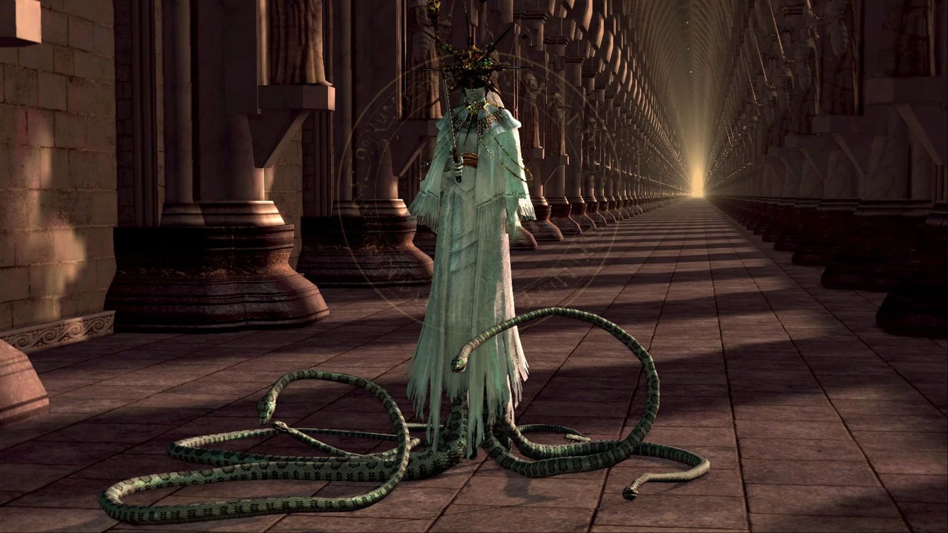 Dark Sun Gwyndolin standing in an illusionary never ending hallway within Anor Londo in Dark Souls.
