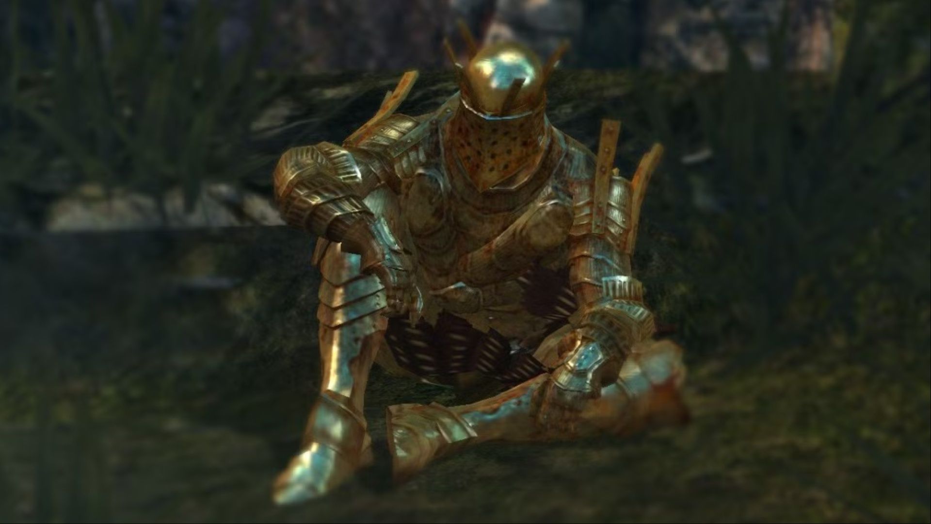 Knight Lautrec of Carim sitting in front of the bonfire at the Firelink Shrine in Dark Souls.