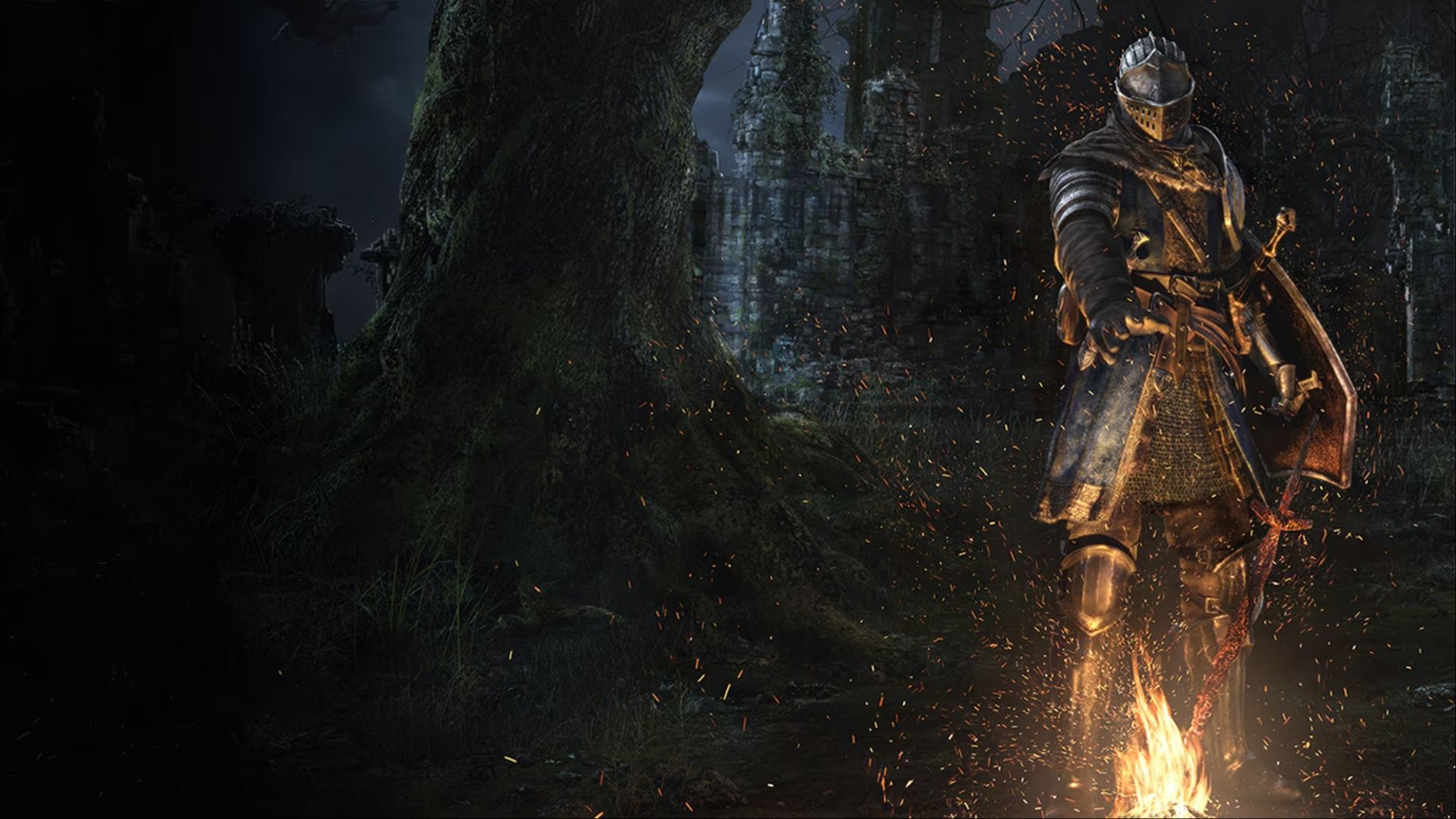 Key art showcasing the Chosen Undead lighting the bonfire at the Firelink Shrine in Dark Souls Remastered.
