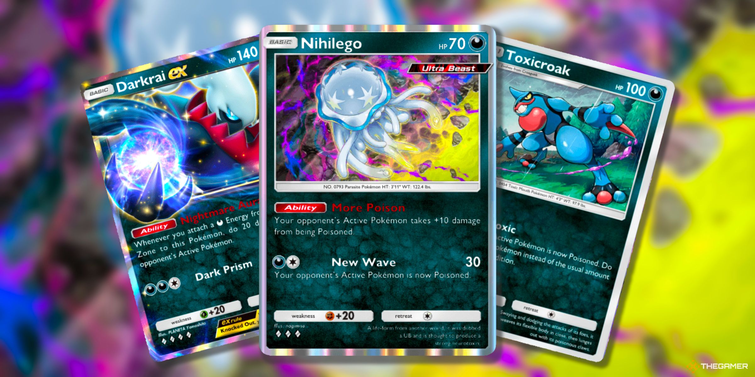 Darkrai Ex (A2-110), Nihilego (A3a-42), And Toxicroak (A2a-52) Pokemon Cards From Pokemon TCG Pocket.