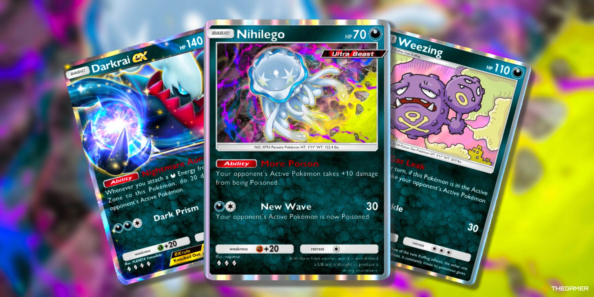 Darkrai Ex (A2-110), Nihilego (A3a-42), And Weezing (A1-177) Pokemon Cards From Pokemon TCG Pocket.