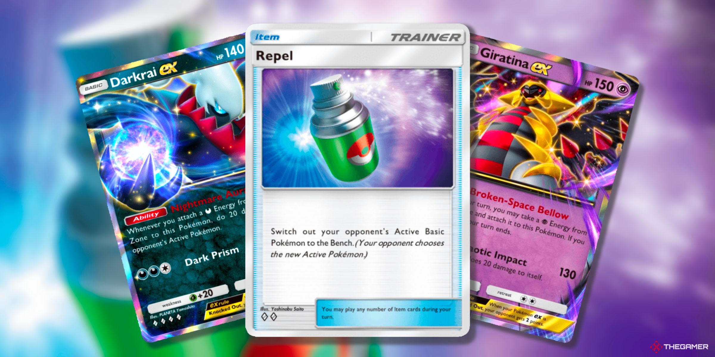 Darkrai Ex (A2-110), Repel, And Giratina (A2b-35) Pokemon Cards From Pokemon TCG Pocket.