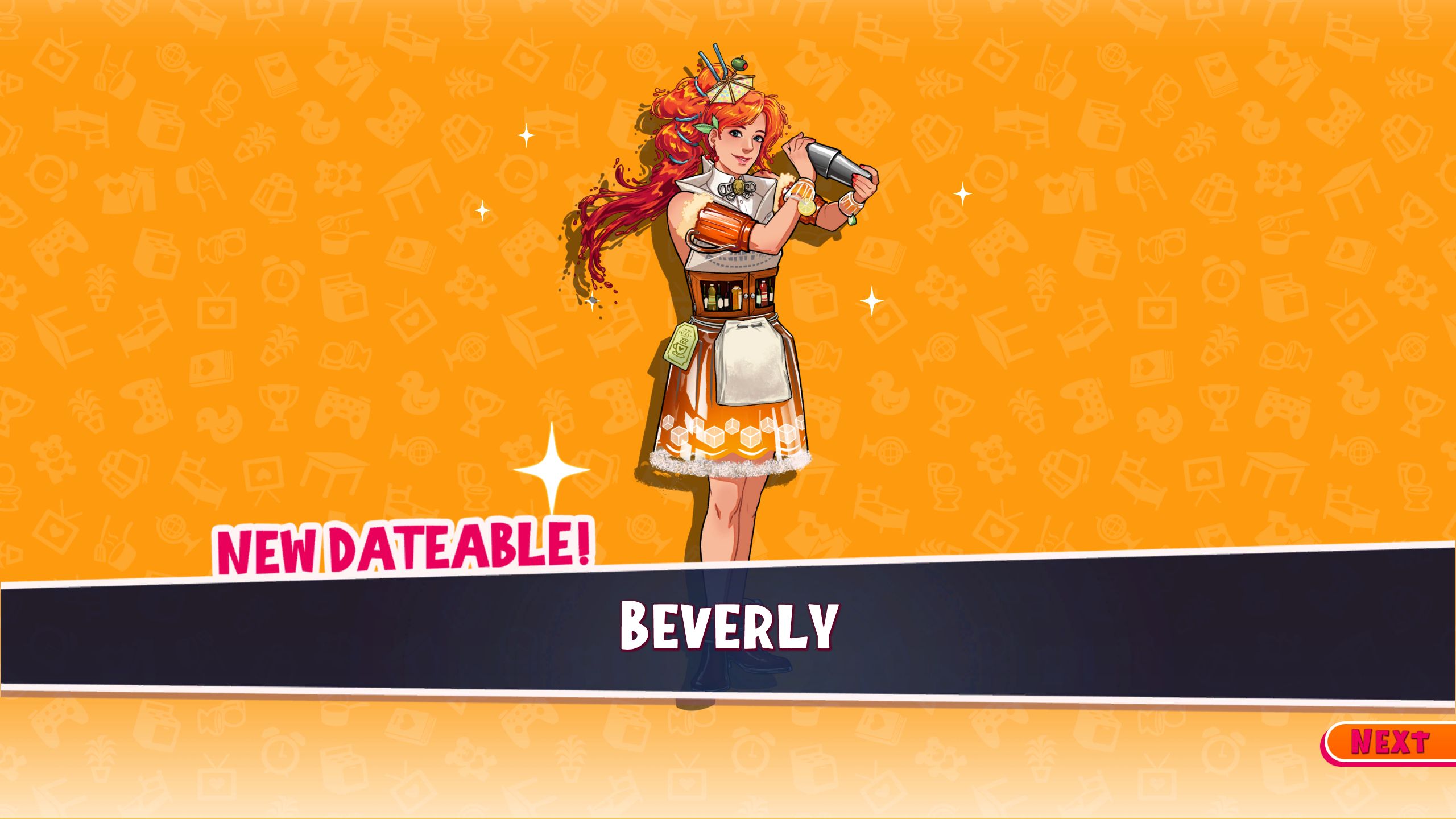 Character pop up showing Beverly for the first time in Date Everything!