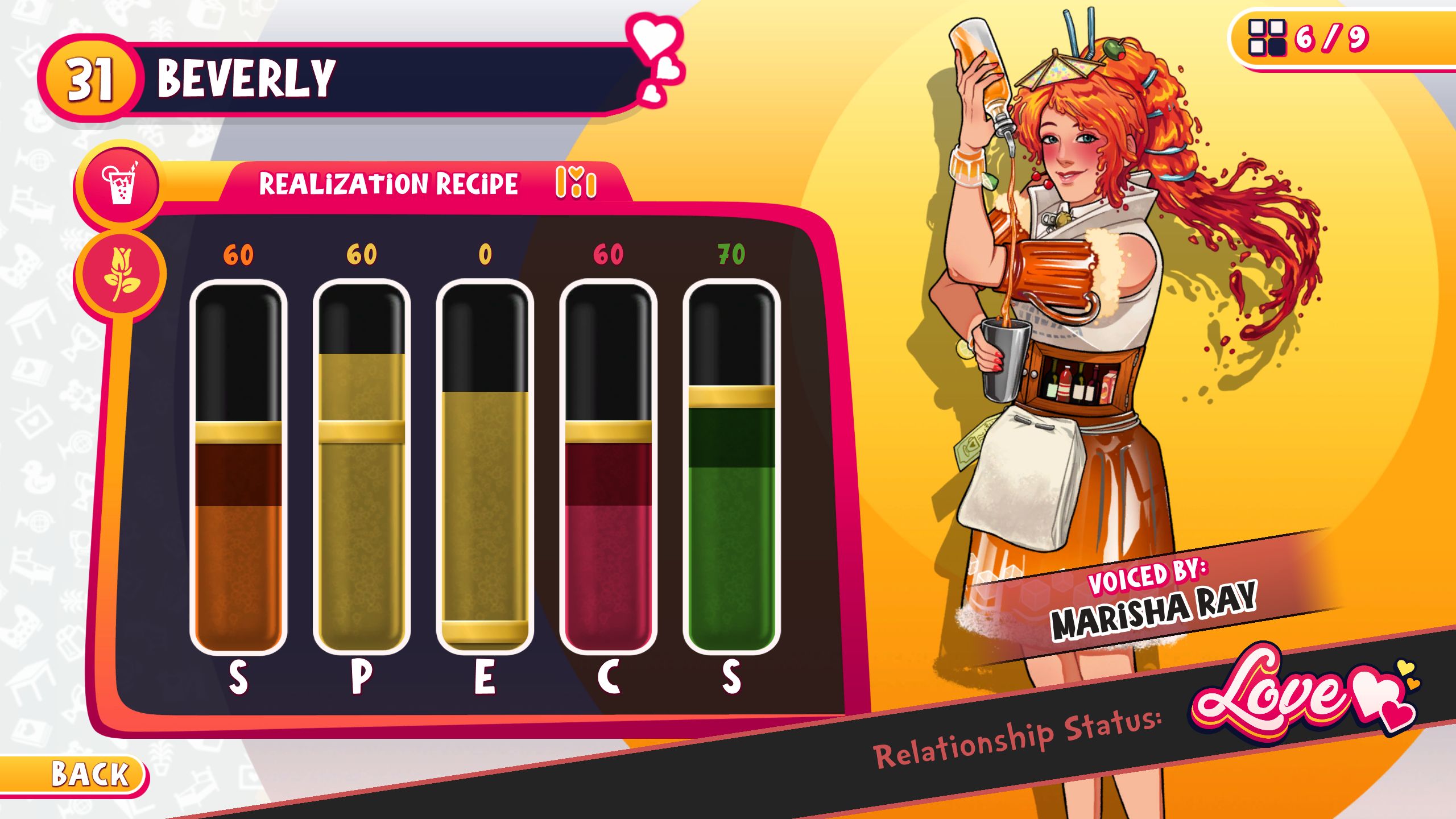 Realization menu showing the necessary SPECS for Beverly in Date Everything!