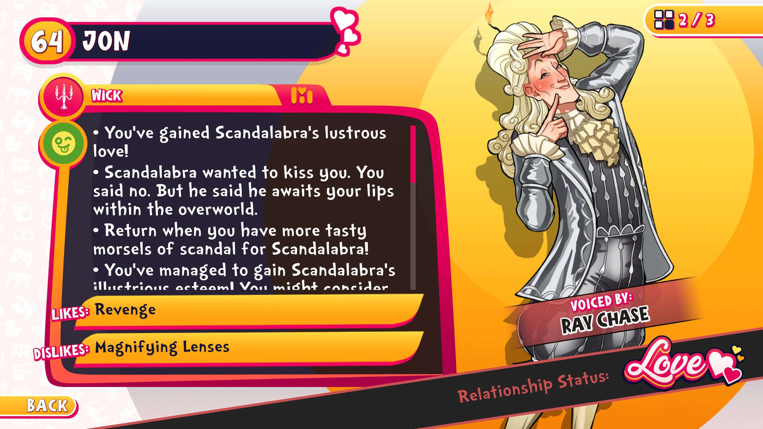 Scandalabra's profile menu in Date Everything!