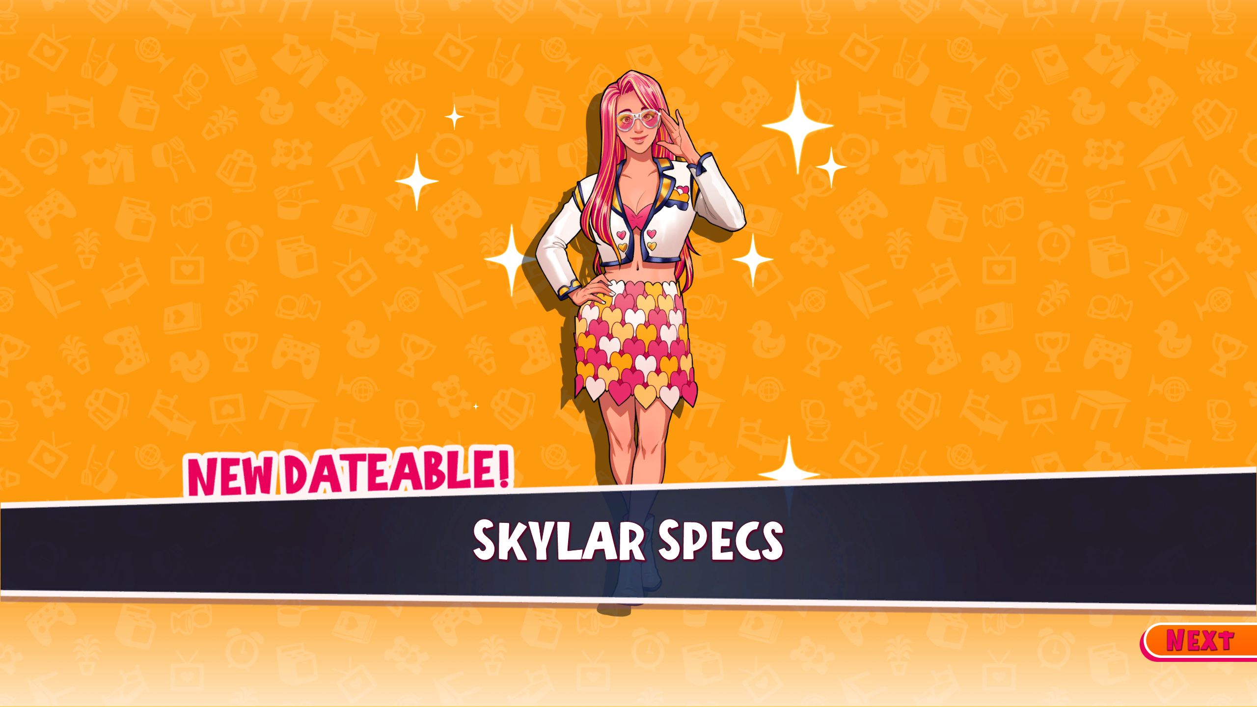 Character pop up showing Skylar for the first time in Date Everything!