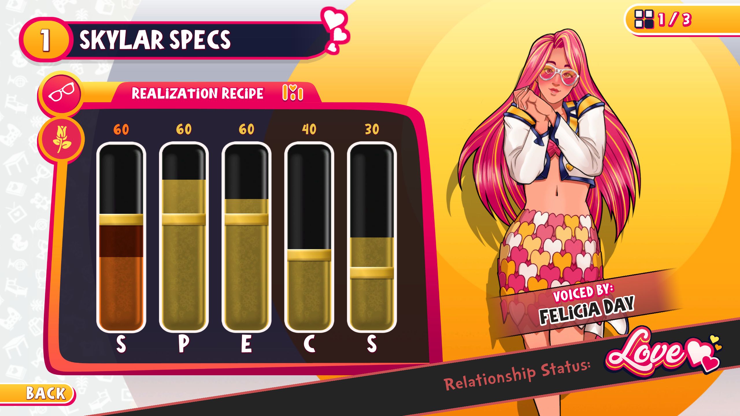 Realization menu showing the necessary SPECS for Skylar in Date Everything!