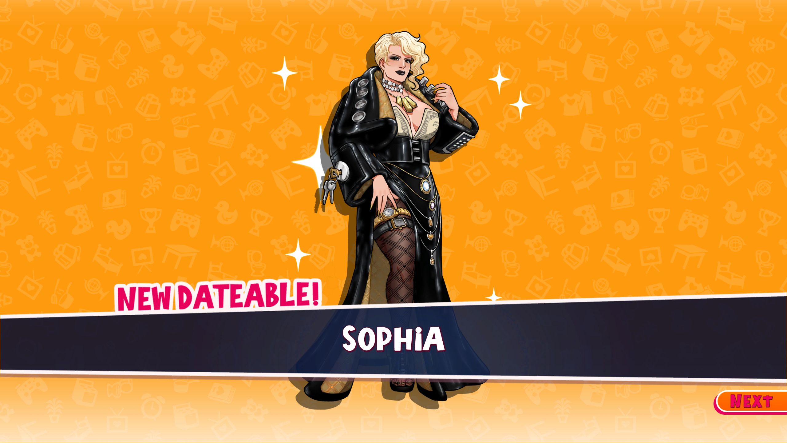 Character pop up showing Sophia for the first time in Date Everything!