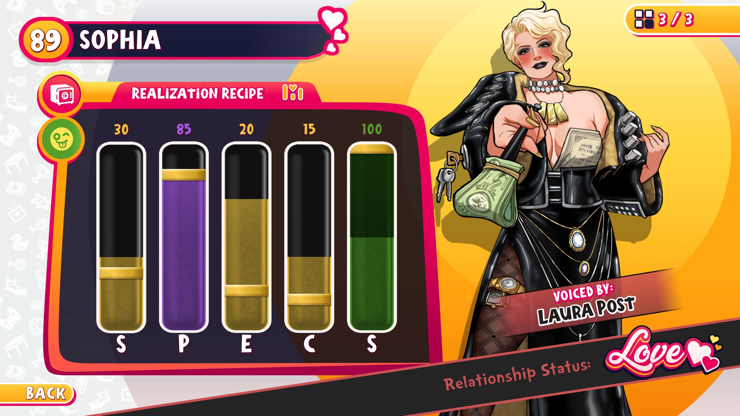 Realization menu showing the necessary SPECS for Sophia in Date Everything!