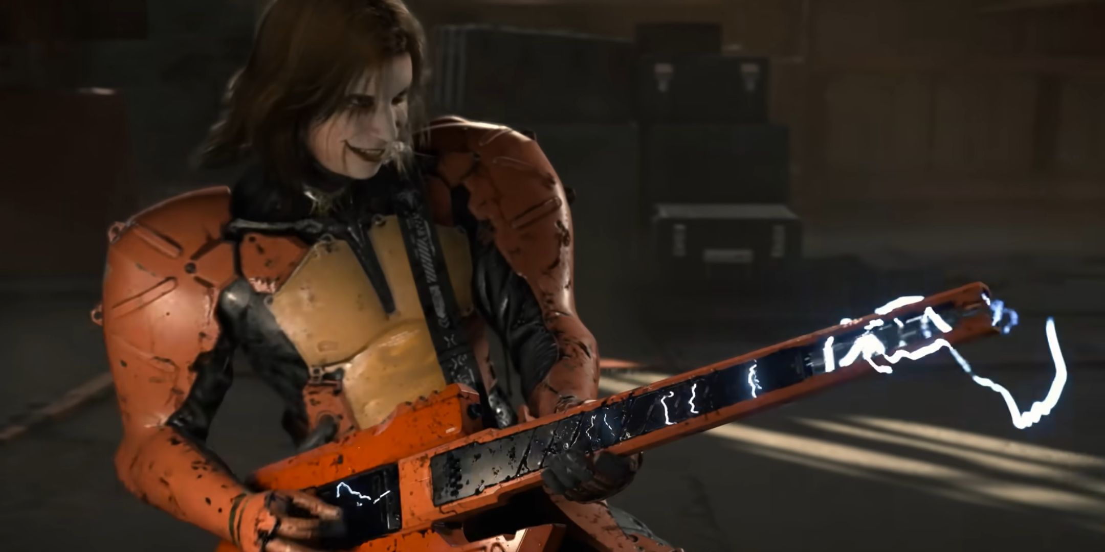 An image from the Death Stranding 2: On The Beach trailer, showing a character playing an electric guitar as a weapon, with lightning coming out of the guitar