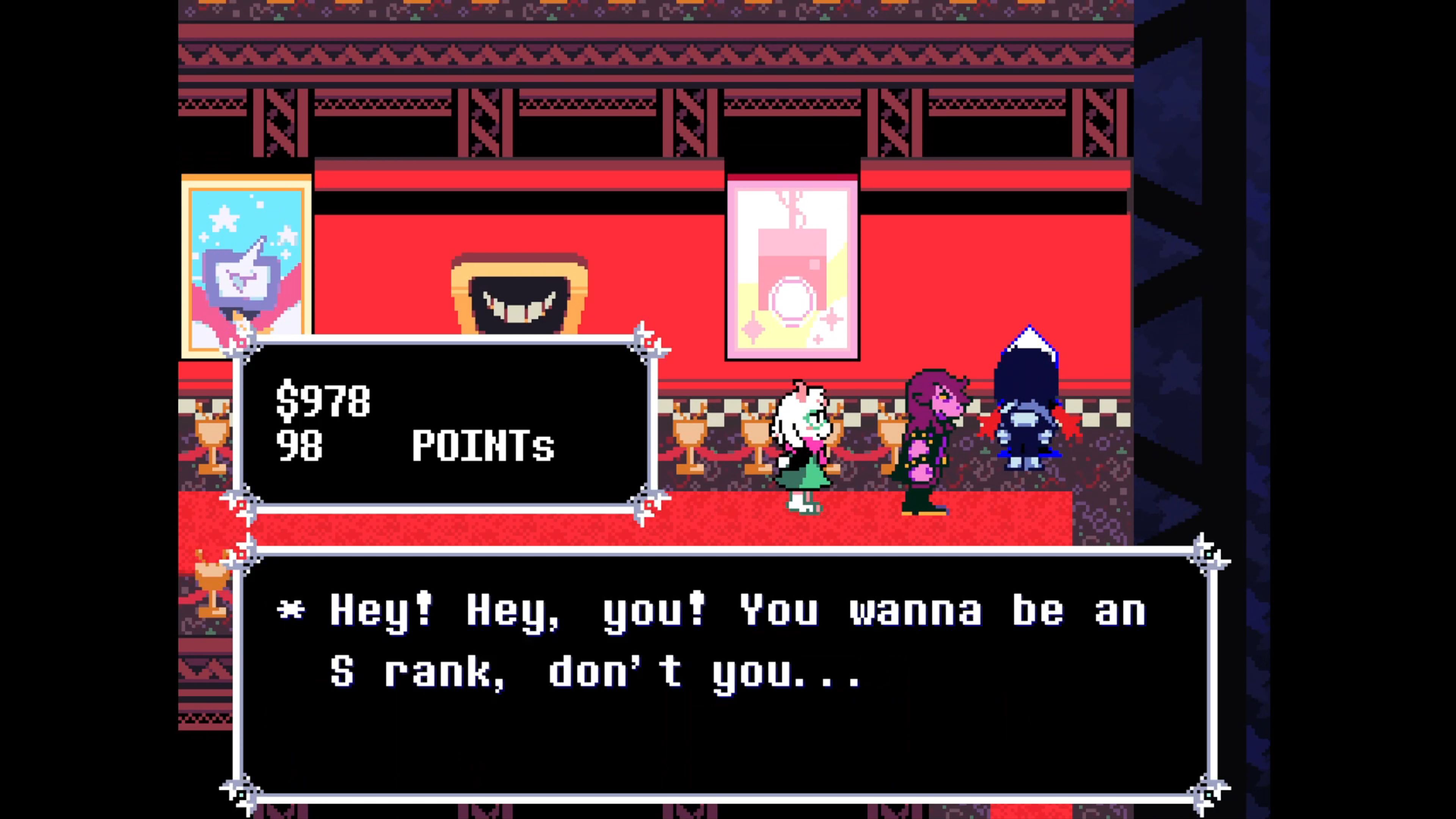 Getting the S-rank from an NPC in Deltarune Chapter 3.