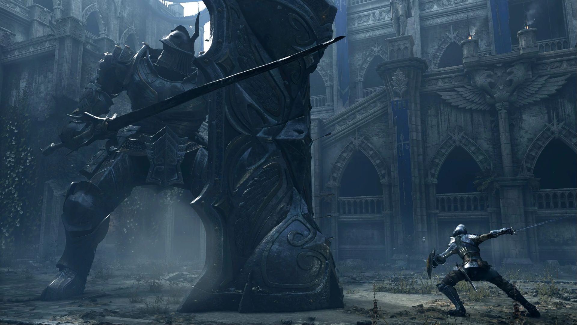 The Slayer of Demons squaring off against he massive Tower Knight in Demon's Souls.