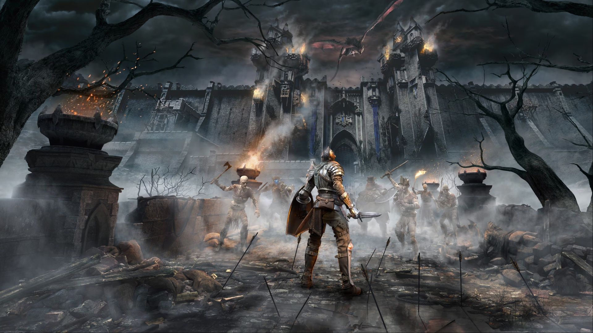 Key art showcasing the Slayer of Demons looking up at the Boletarian Palace as Dreglings approach them in Demon's Souls.