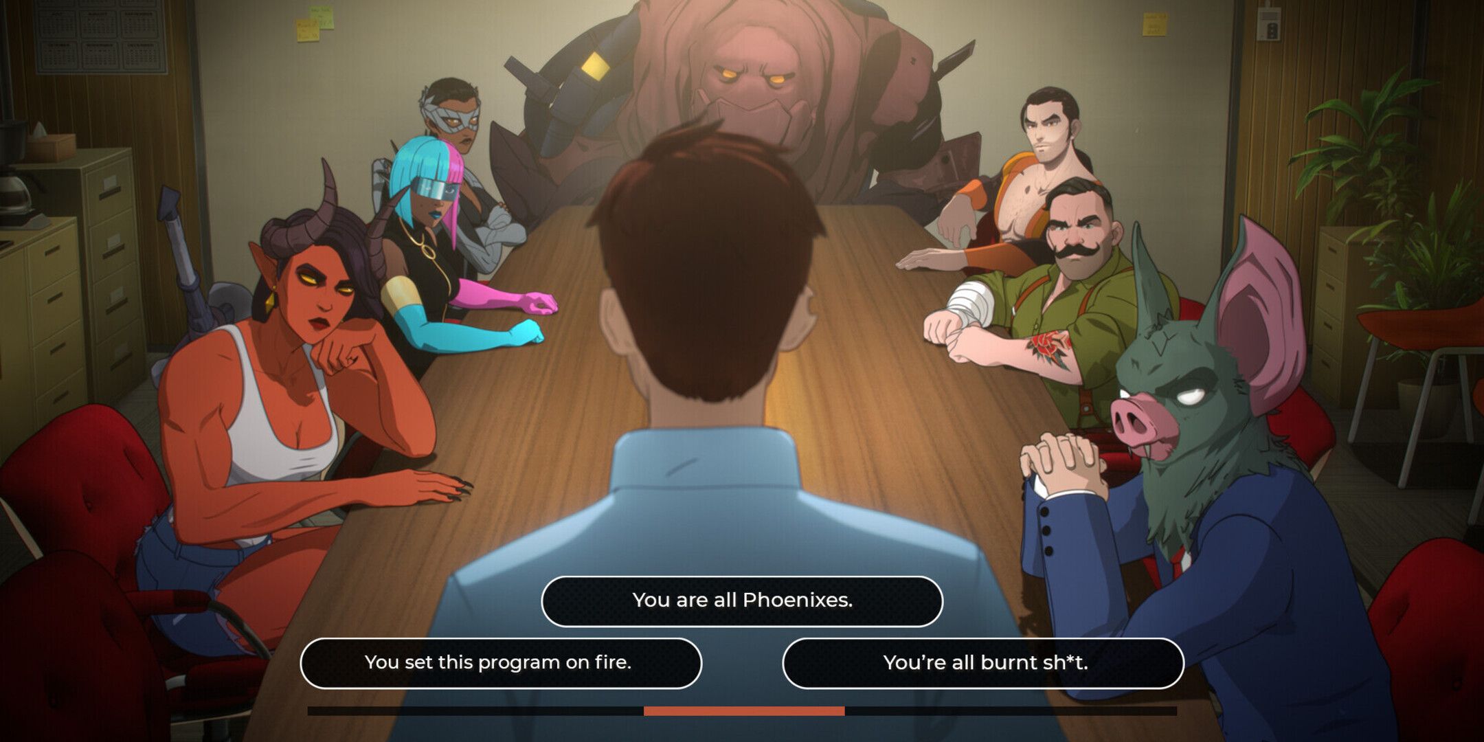 Robert Robertson in Dispatch talking to his crew, with dialogue options of 