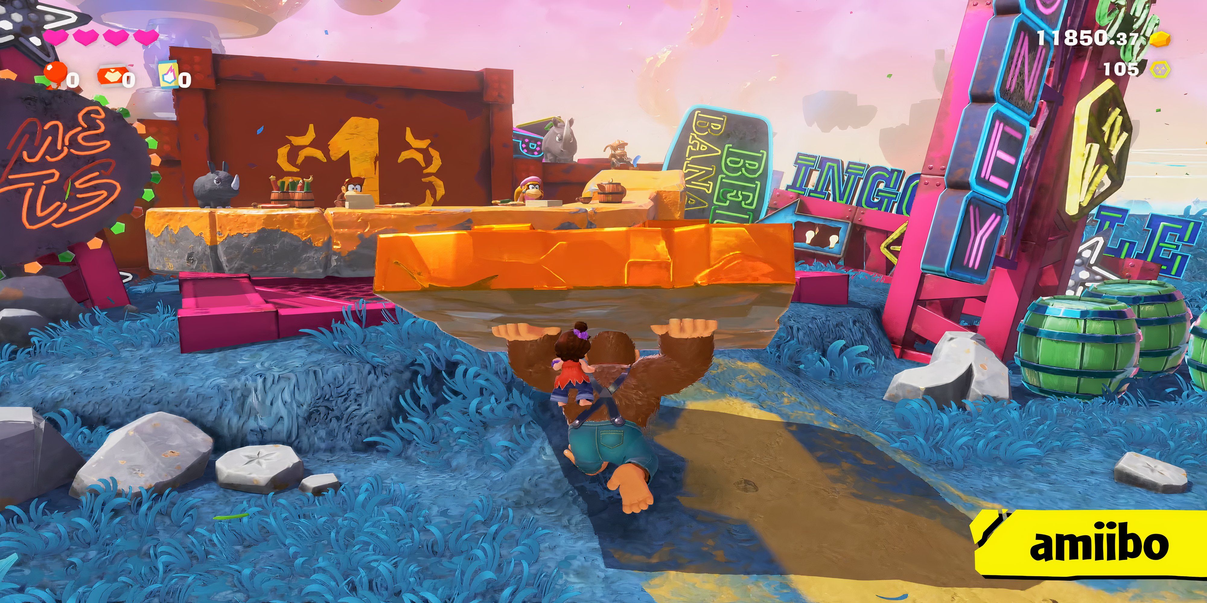 Dixie Kong and Diddy Kong working in a prehistoric shop.