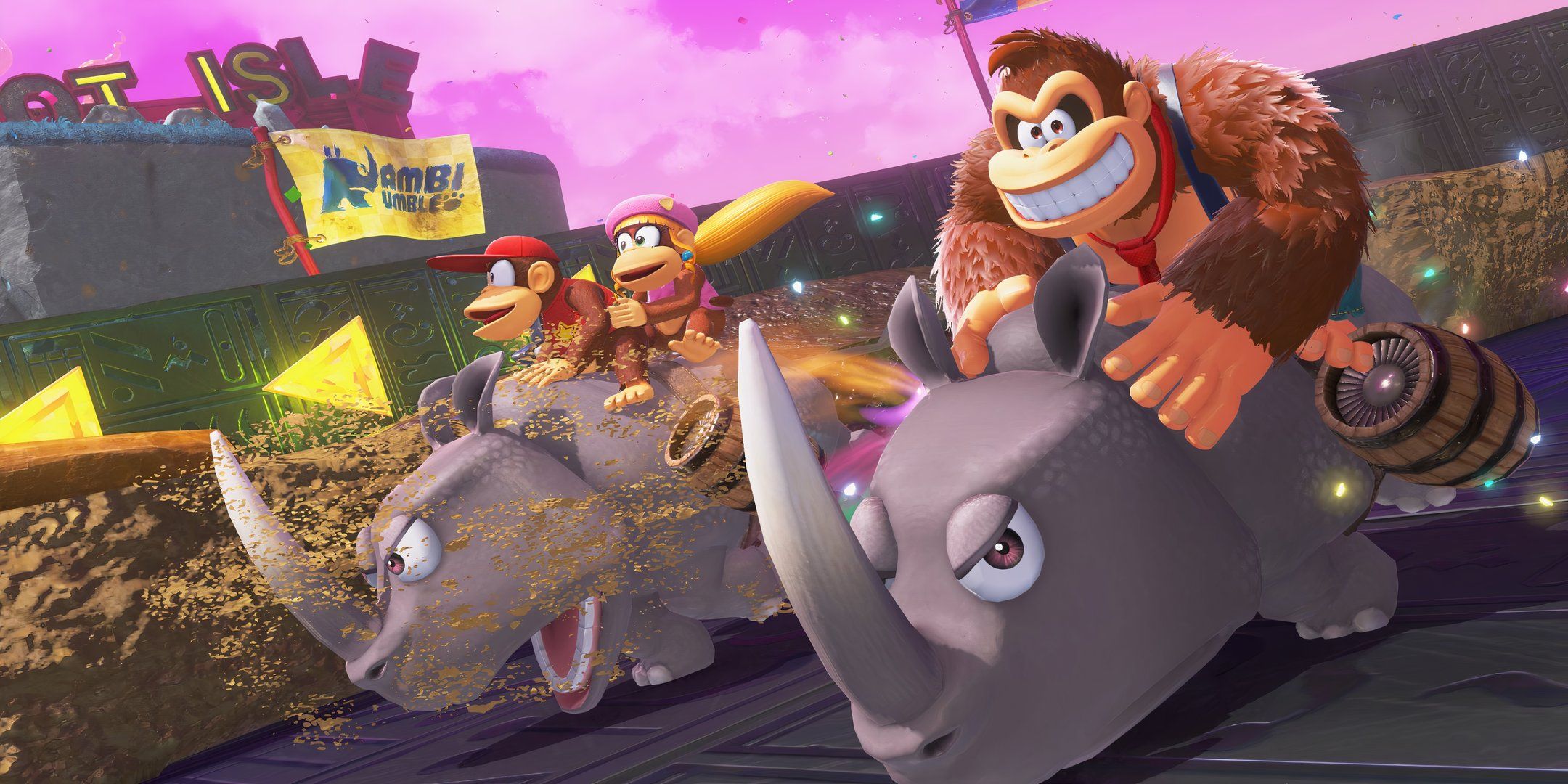 Donkey Kong, Diddy Kong, and Dixie Kong riding Rambis.