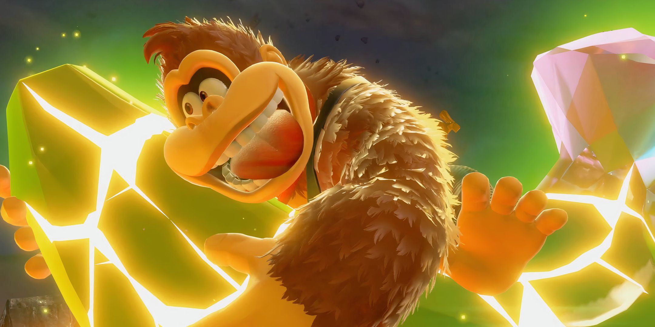 Donkey Kong looking lovingly at a banana in Donkey Kong Bananza.