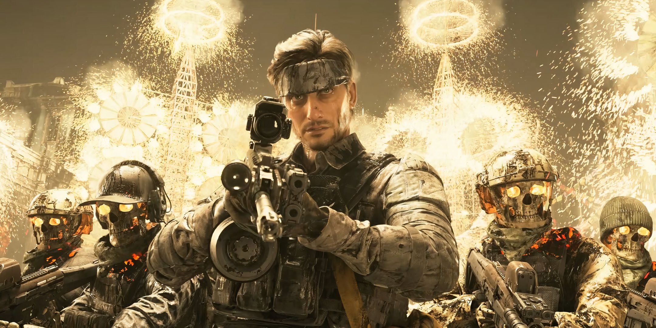 Neil aiming a gun with fireworks going off in the background in Death Stranding 2: On the Beach.