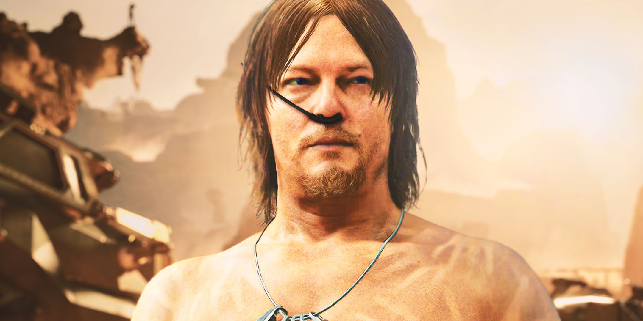 Sam Bridges from Death Stranding 2 wearing a breather in Arrakis from Dune: Awakening.