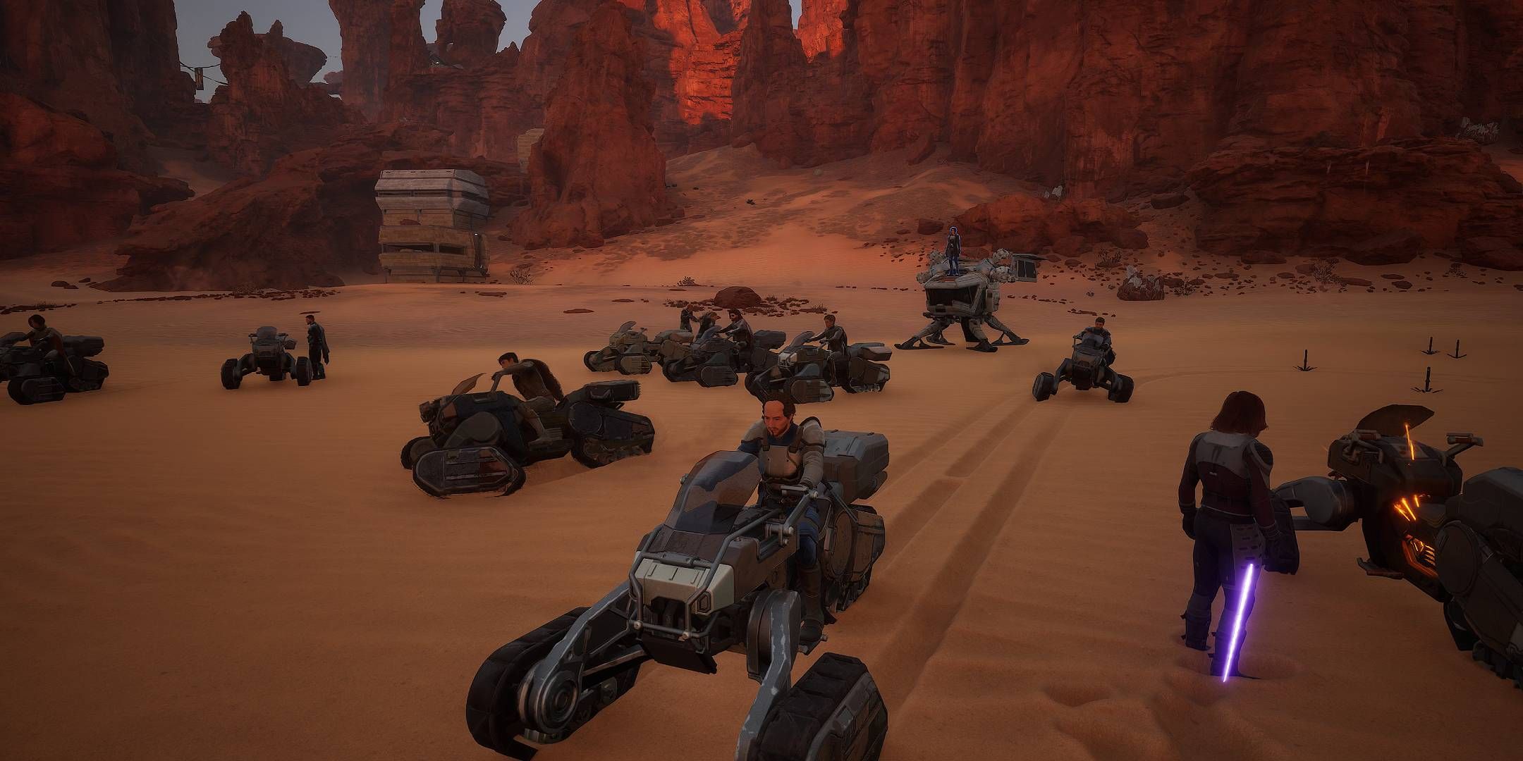 Dune_ Awakening lots of players on buggies with an ornithopter