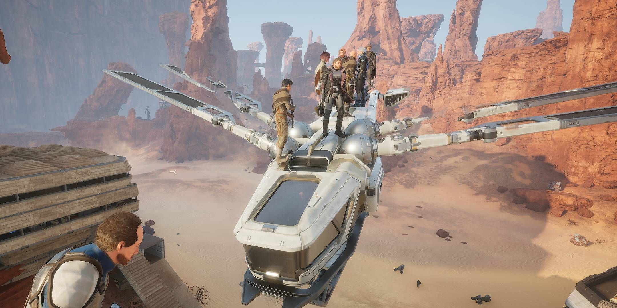 Dune_ Awakening lots of players on top of an ornithopter
