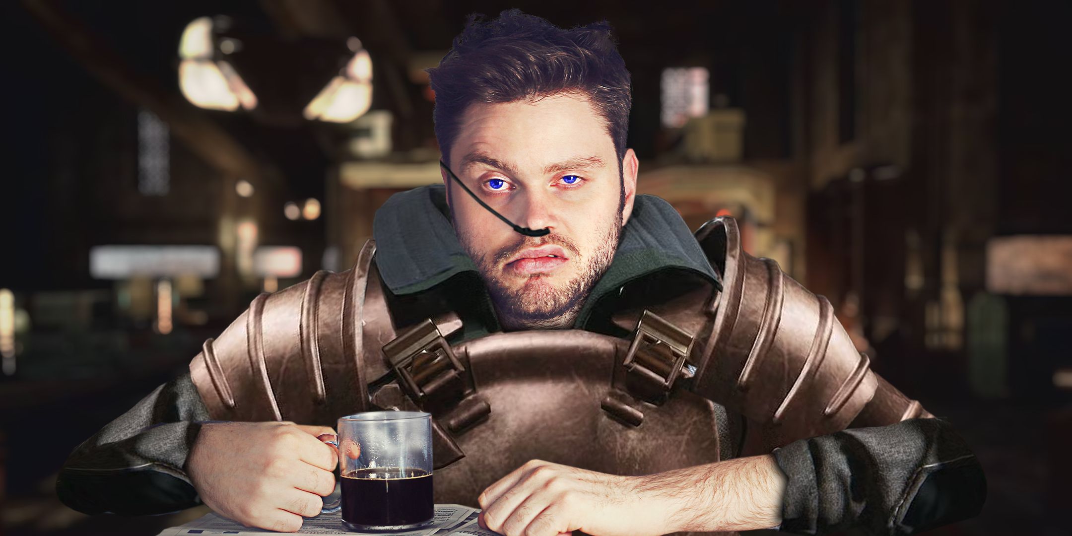 Character with blue eyes looking fed up, wearing a stillsuit.