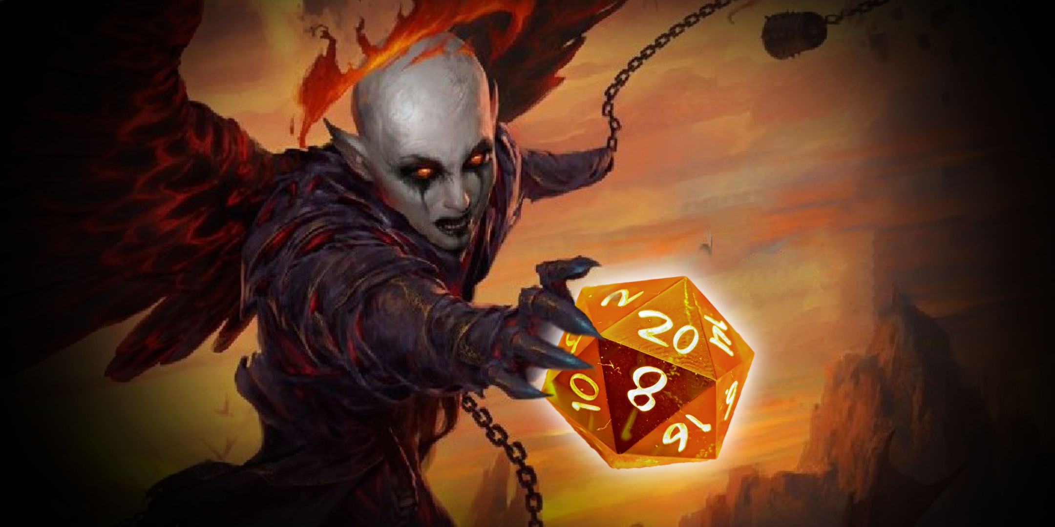 dungeons & dragons image showing zariel and reaching for a glowing D20.