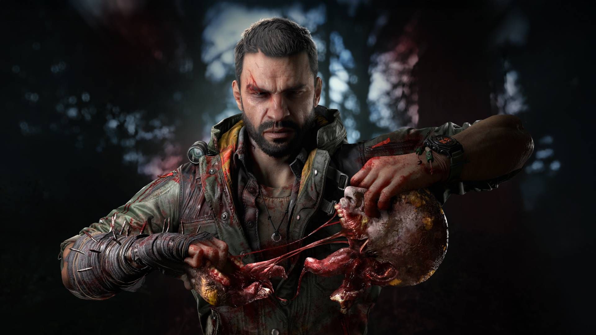 Dying Light The Beast Kyle Crane Tearing A Zombie Head In Half.
