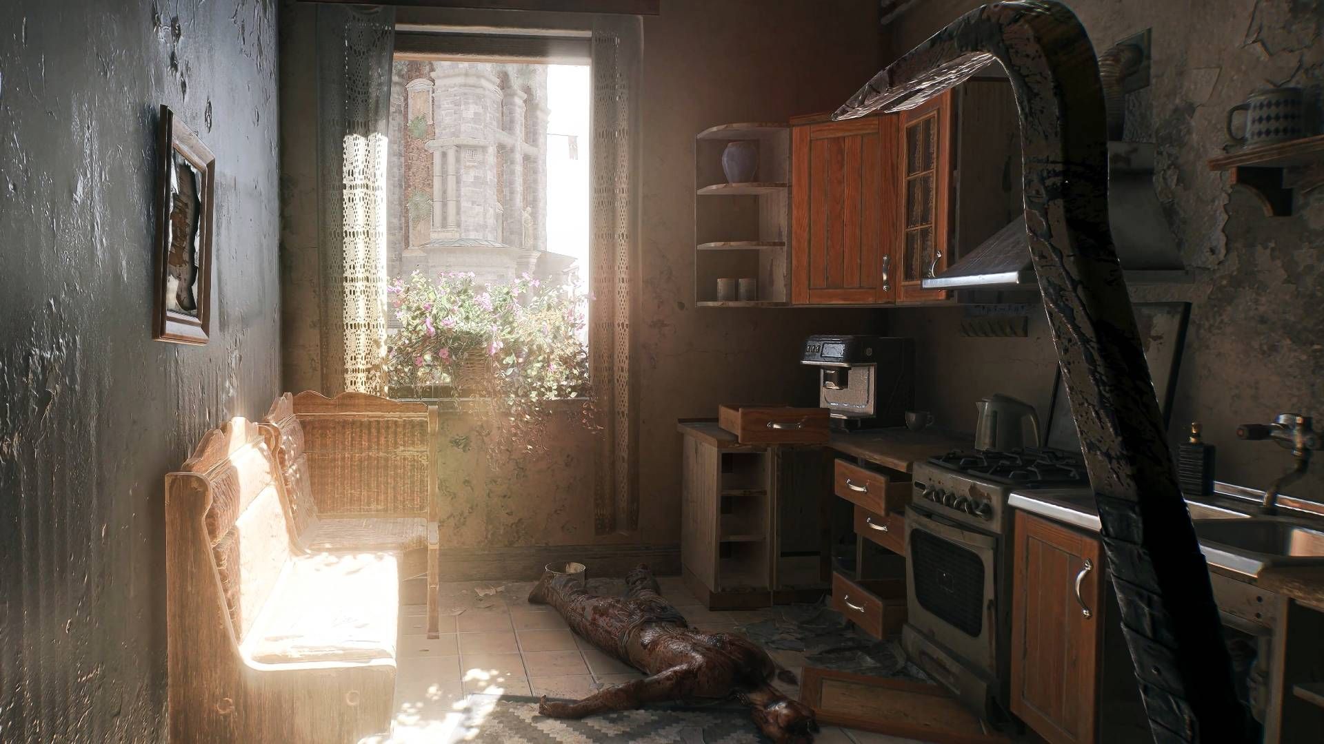 Dying Light The Beast Standing In A Kitchen With Corpses On The Floor.