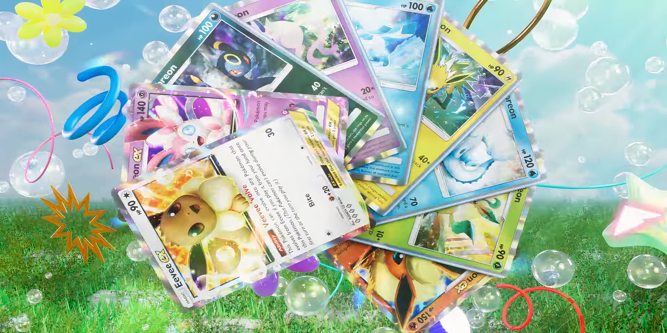 eevee and its eight evolution's cards from pokemon tcg pocket.