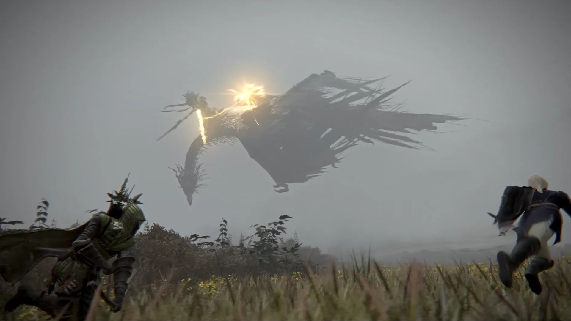 The Nameless King riding on the back of his Stormdrake, King of the Storm, hurling lightning bolts at his opponents in Elden Ring Nightreign.