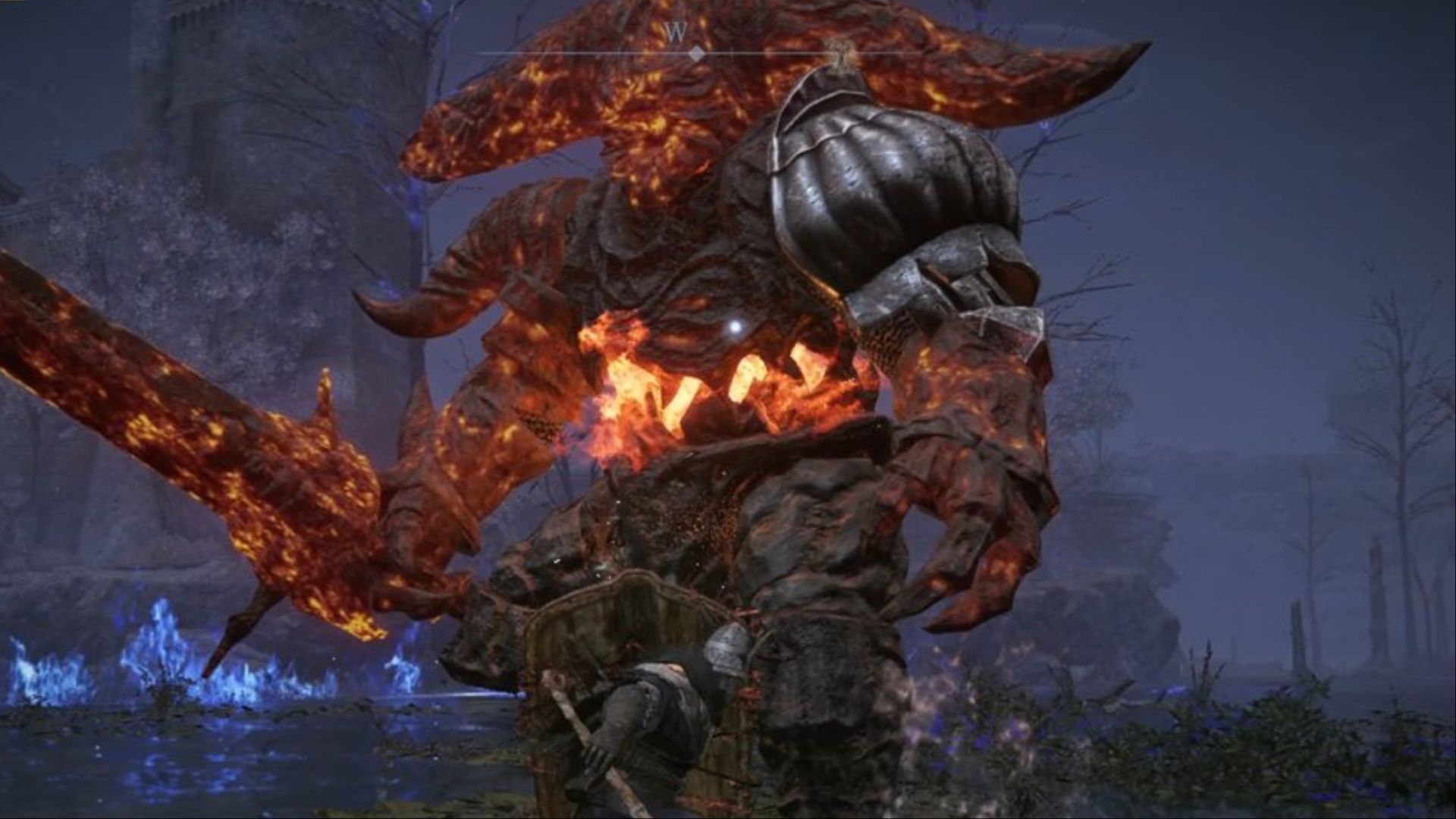 Wylder guarding an incoming attack from the Smelter Demon in Elden Ring Nightreign.