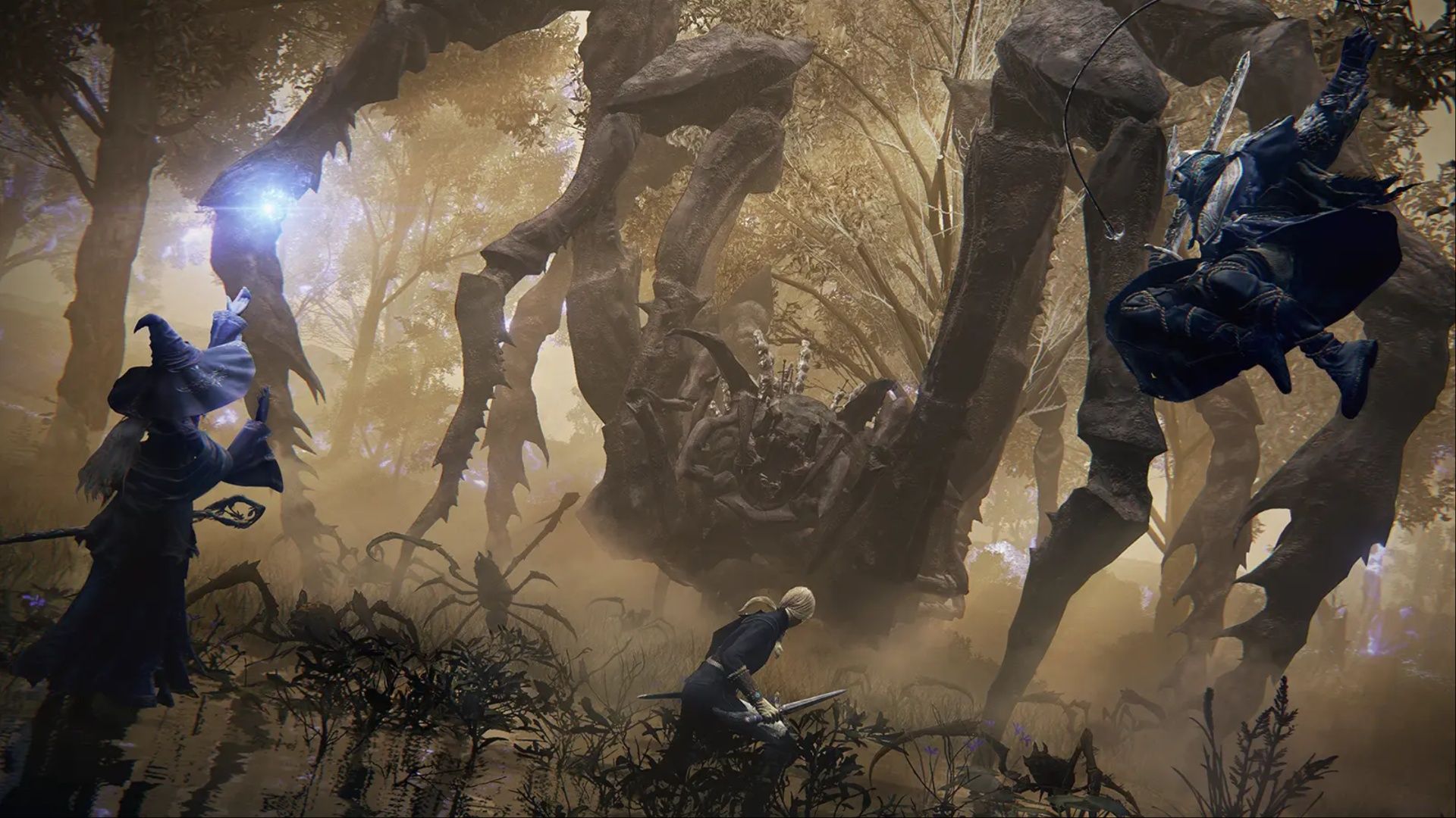 A full squad unleashing a barrage of attacks on The Duke's Dear Freja in Elden Ring Nightreign.