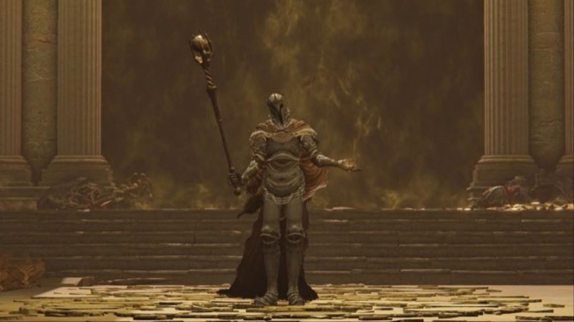 Sir Gideon Ofnir, the All-Knowing, gesturing with a shrug as the Tarnished approaches him in Elden Ring.