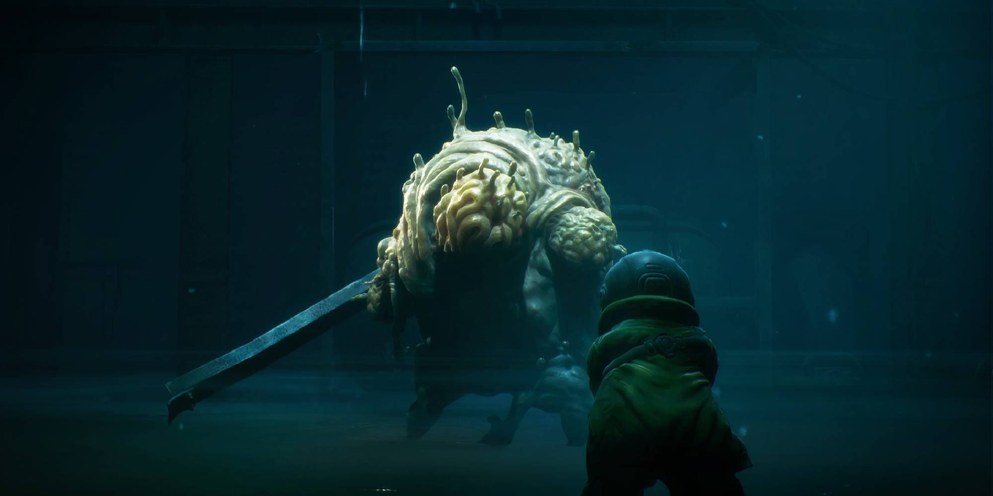End Of Abyss Hero Looking At A Giant Mutant