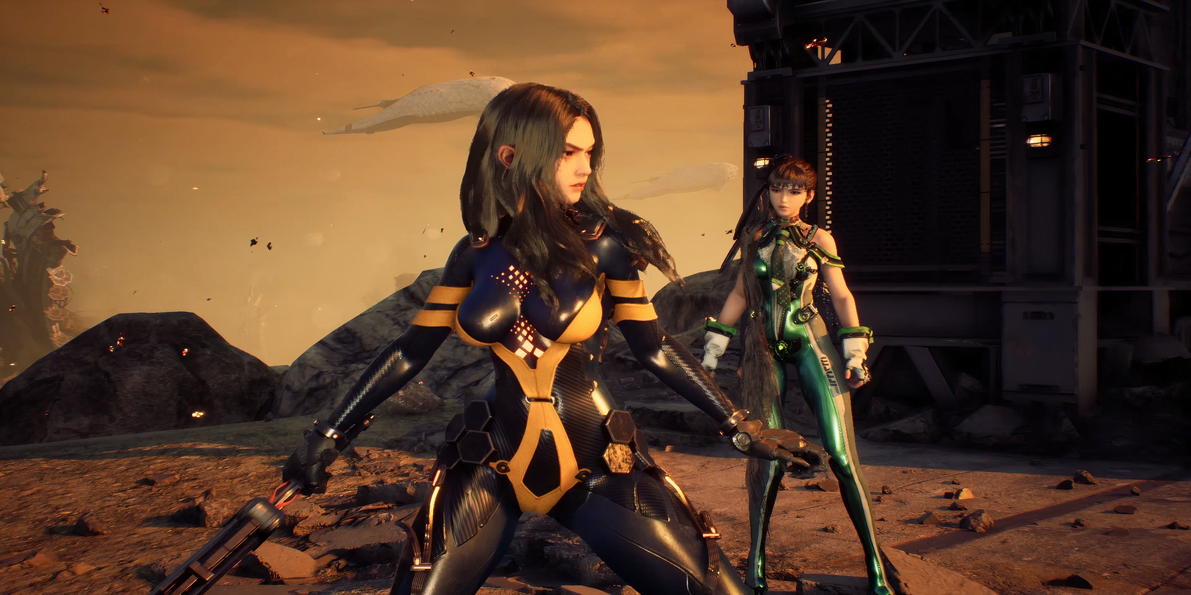 eve watching on as tachy weilds her sword in stellar blade.