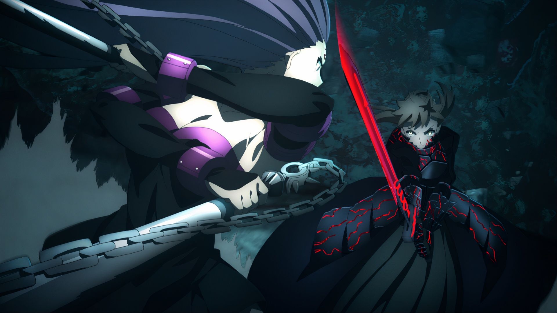 Saber Alter clashing with Rider in Fate/Stay Night: Heaven's Feel III.