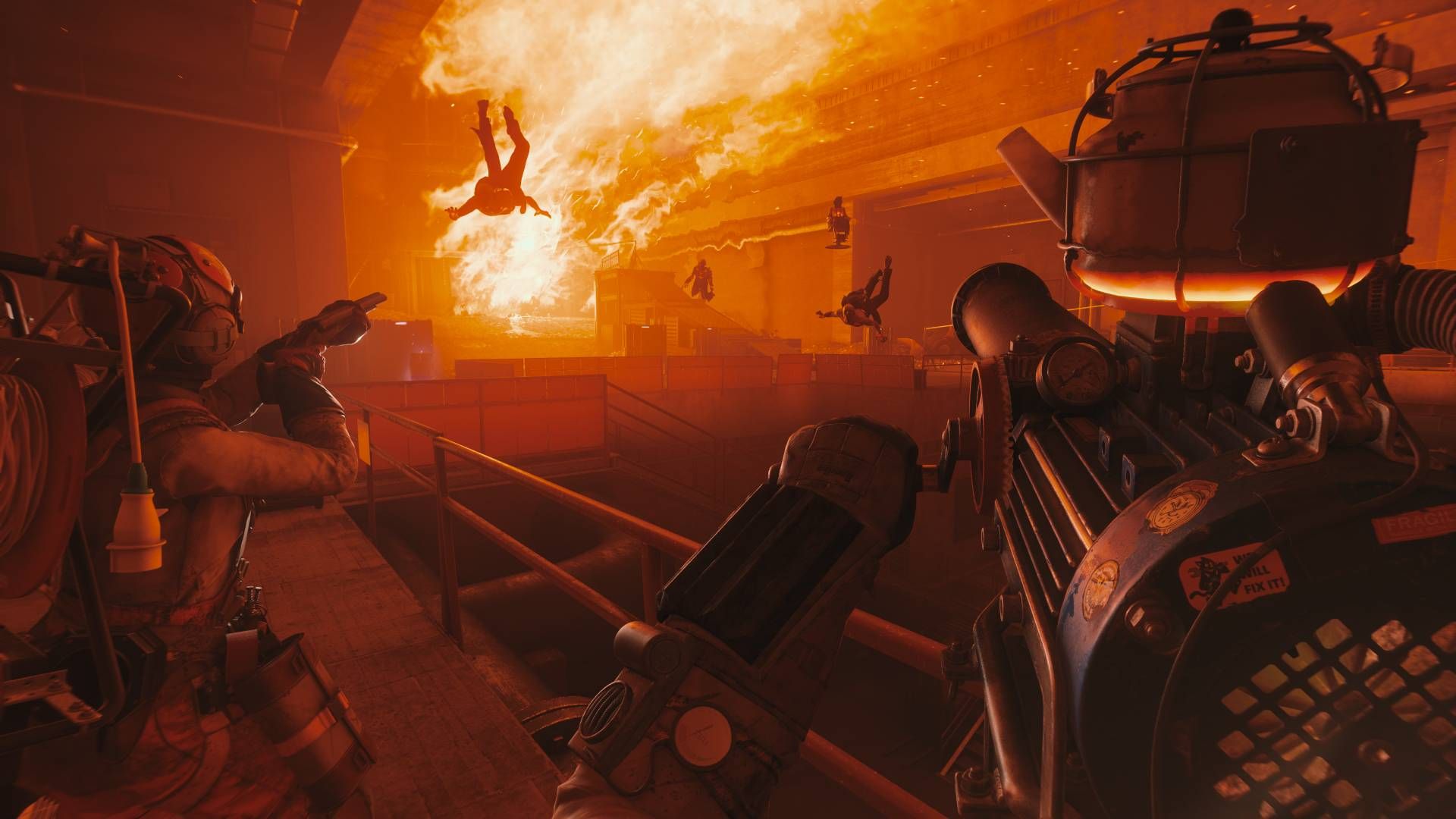 FBC_ Firebreak Hiss Enemies Flying In The Air Around A Giant Flame.