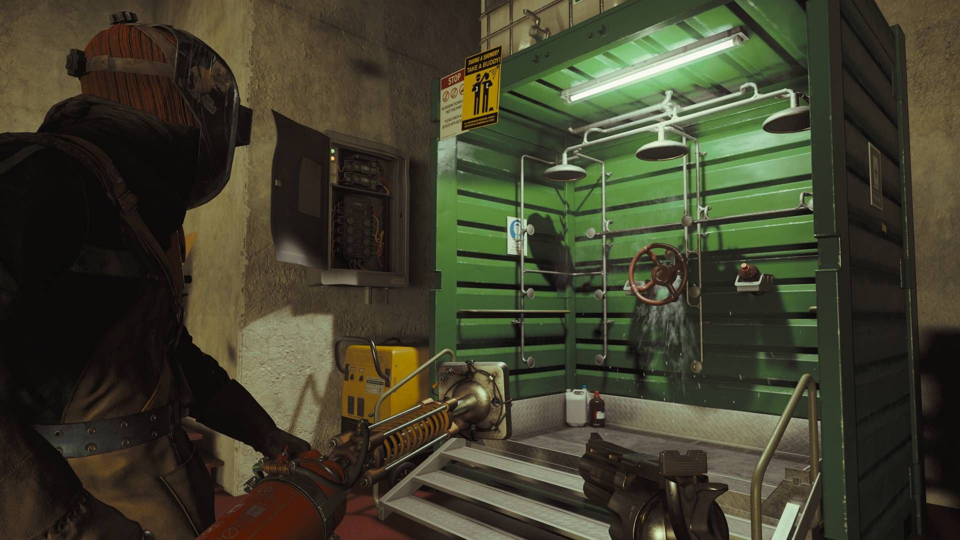 FBC_ Firebreak Player And Teammate Walking Into A Green Outdoor Shower.