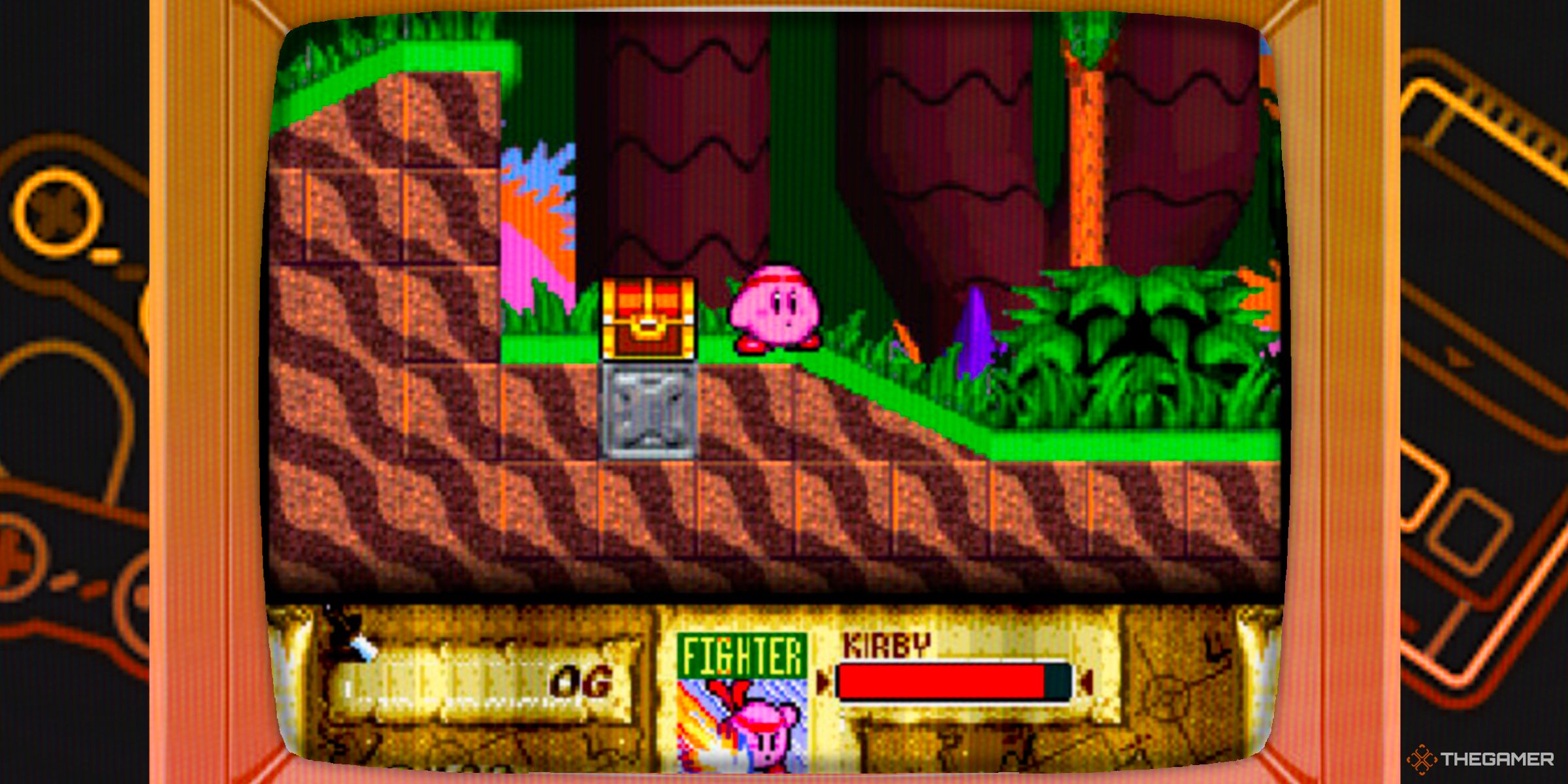 Fighter Kirby exploring the Great Cave Offensive in Kirby Super Star inside of a CRT TV.