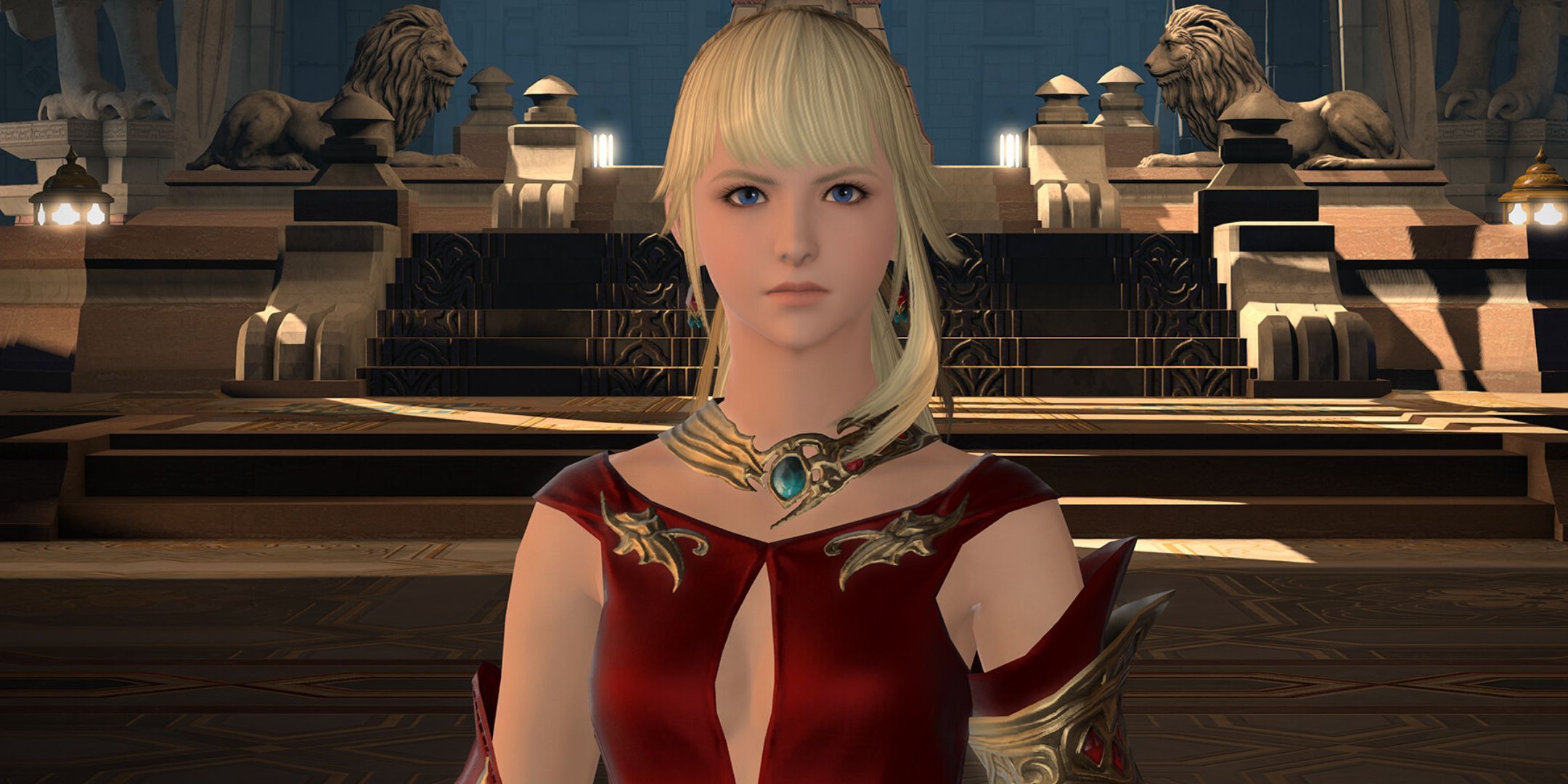 A blonde woman staring at the camera in Final Fantasy 14.