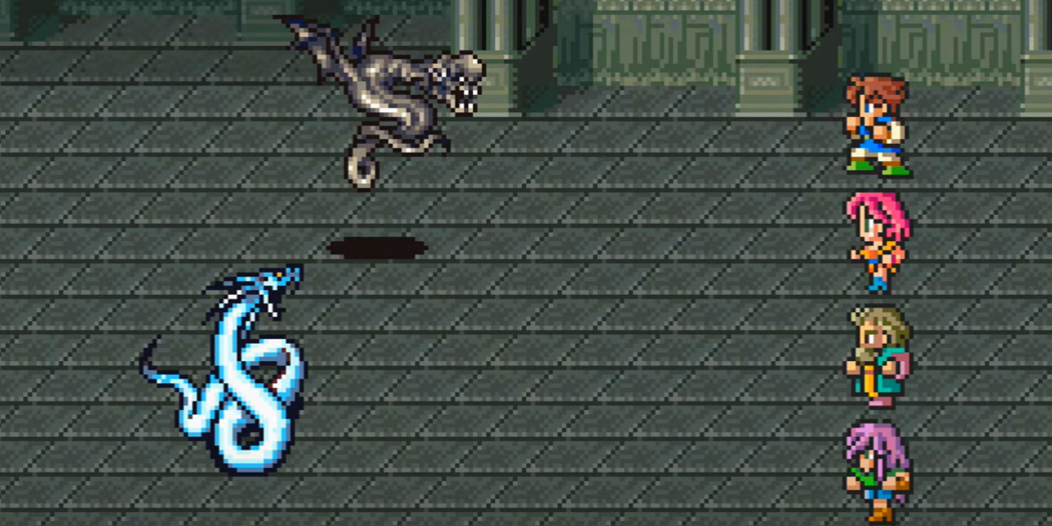 Final Fantasy 5 Characters fighting snakes.