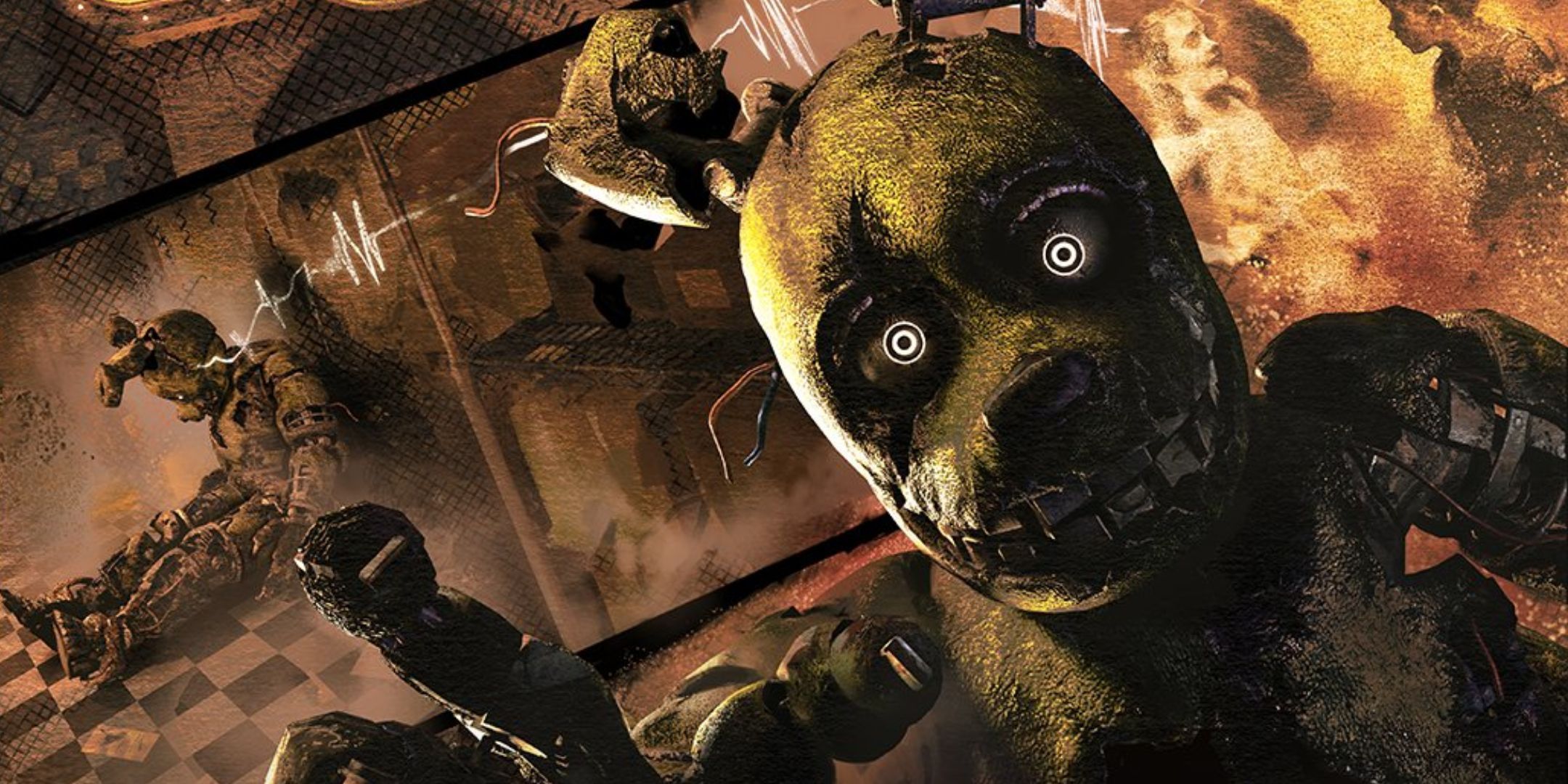 Springtrap looking at the camera, reaching out. He is a deformed and destroyed animatronic. 