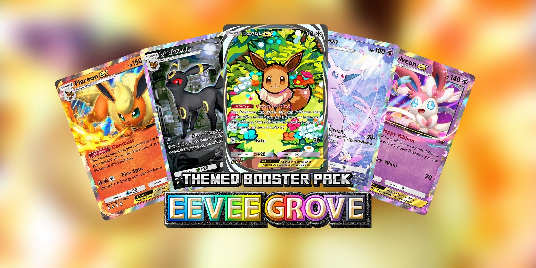 flareon ex, umbreon, eevee immersive rare, espeon, and sylveon cards from eevee grove.