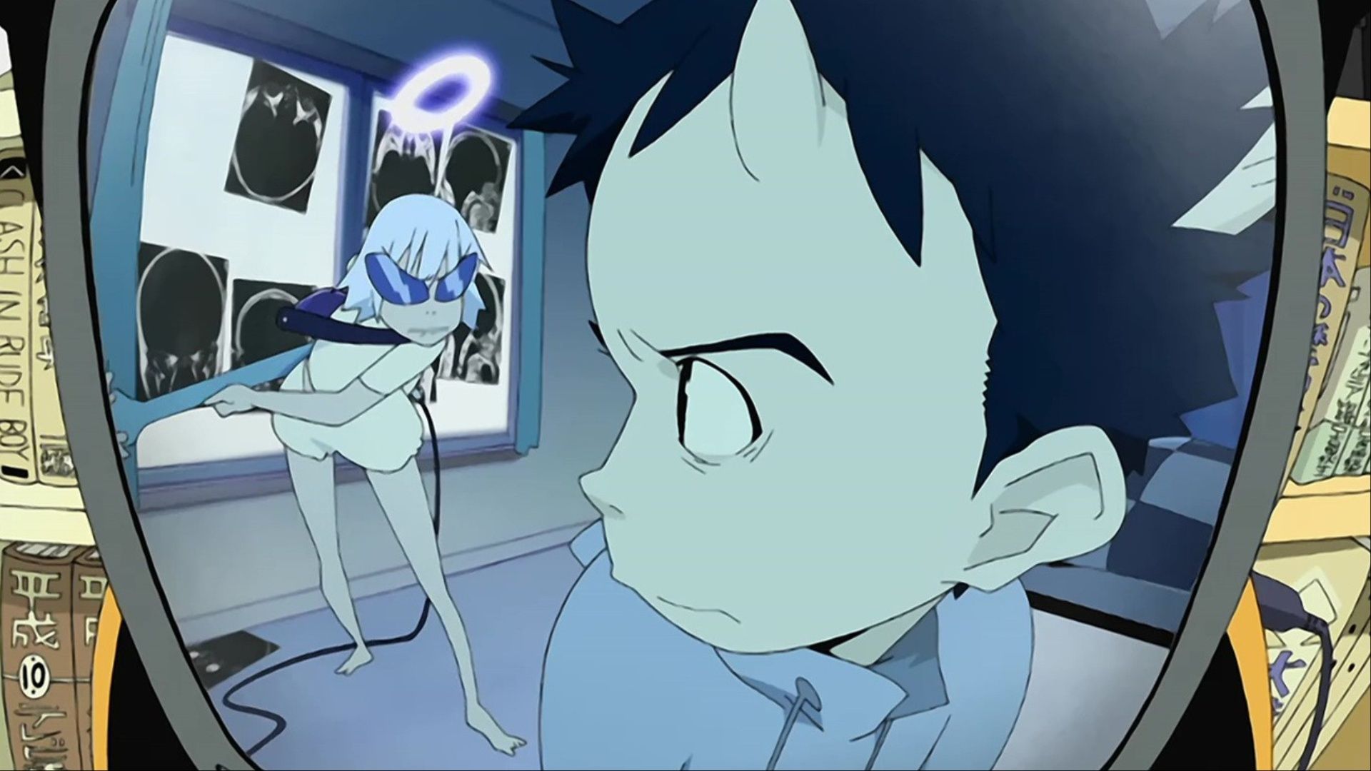 Naota Nandaba looking back at Mamimi Samejima with an annoyed expression on his face in FLCL.
