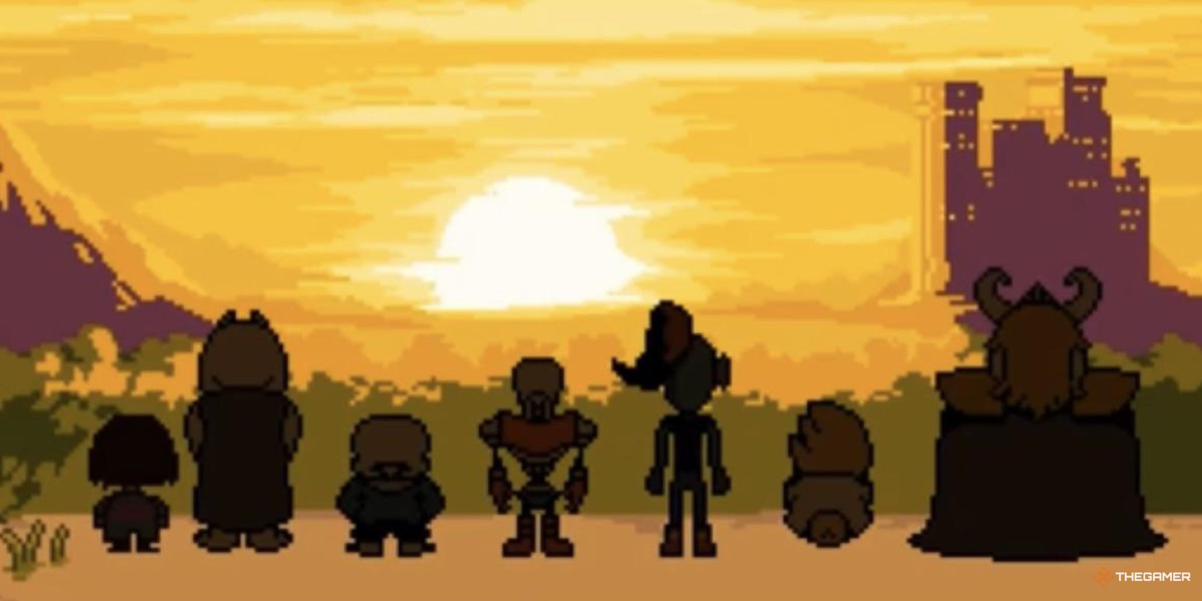 Frisk, Toriel, Sans, Papyrus, Undyne, Alphys and Asgore gazing at a sunset at the end of Undertale.