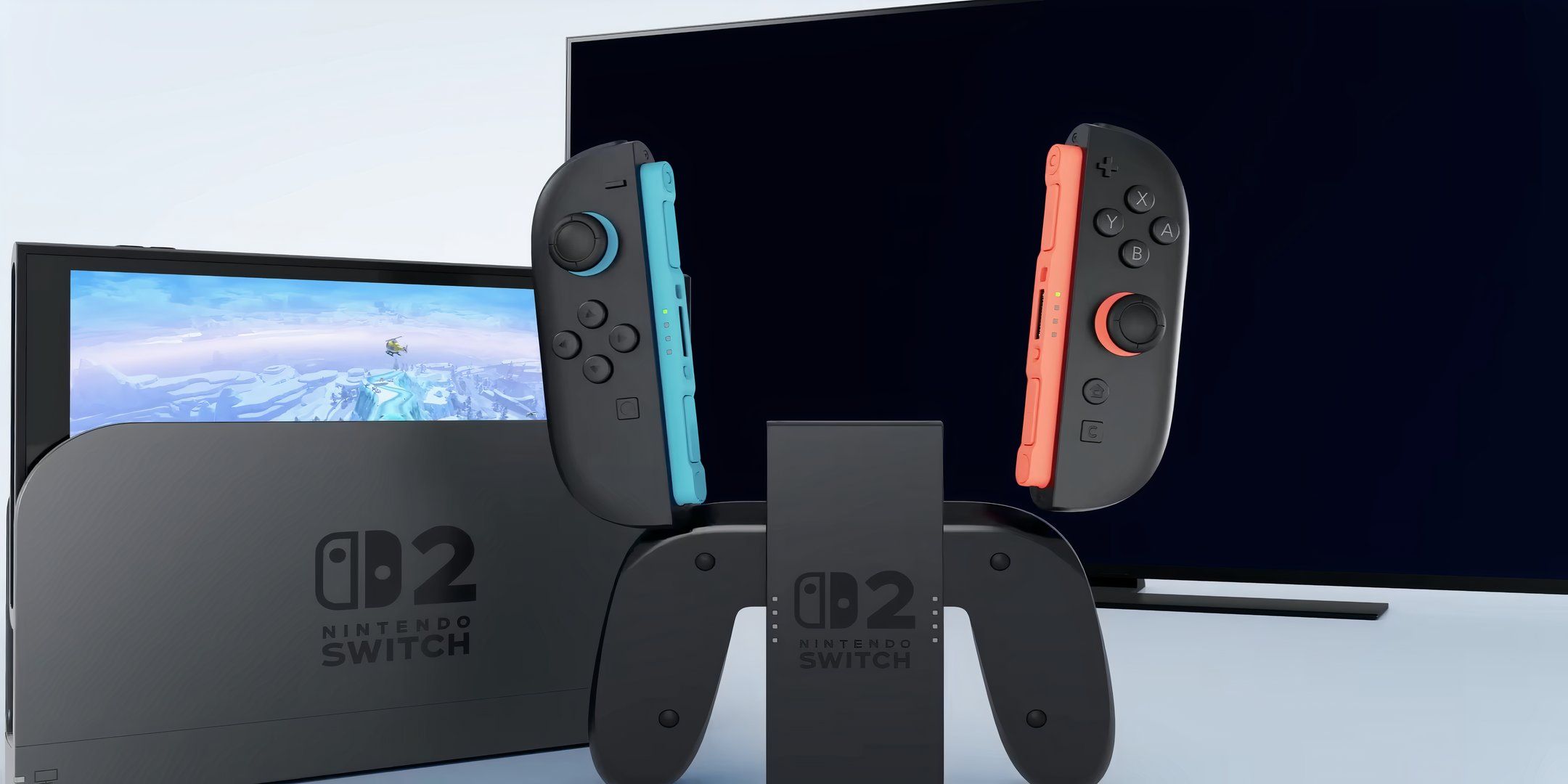 full nintendo switch 2 unit in front of a tv.