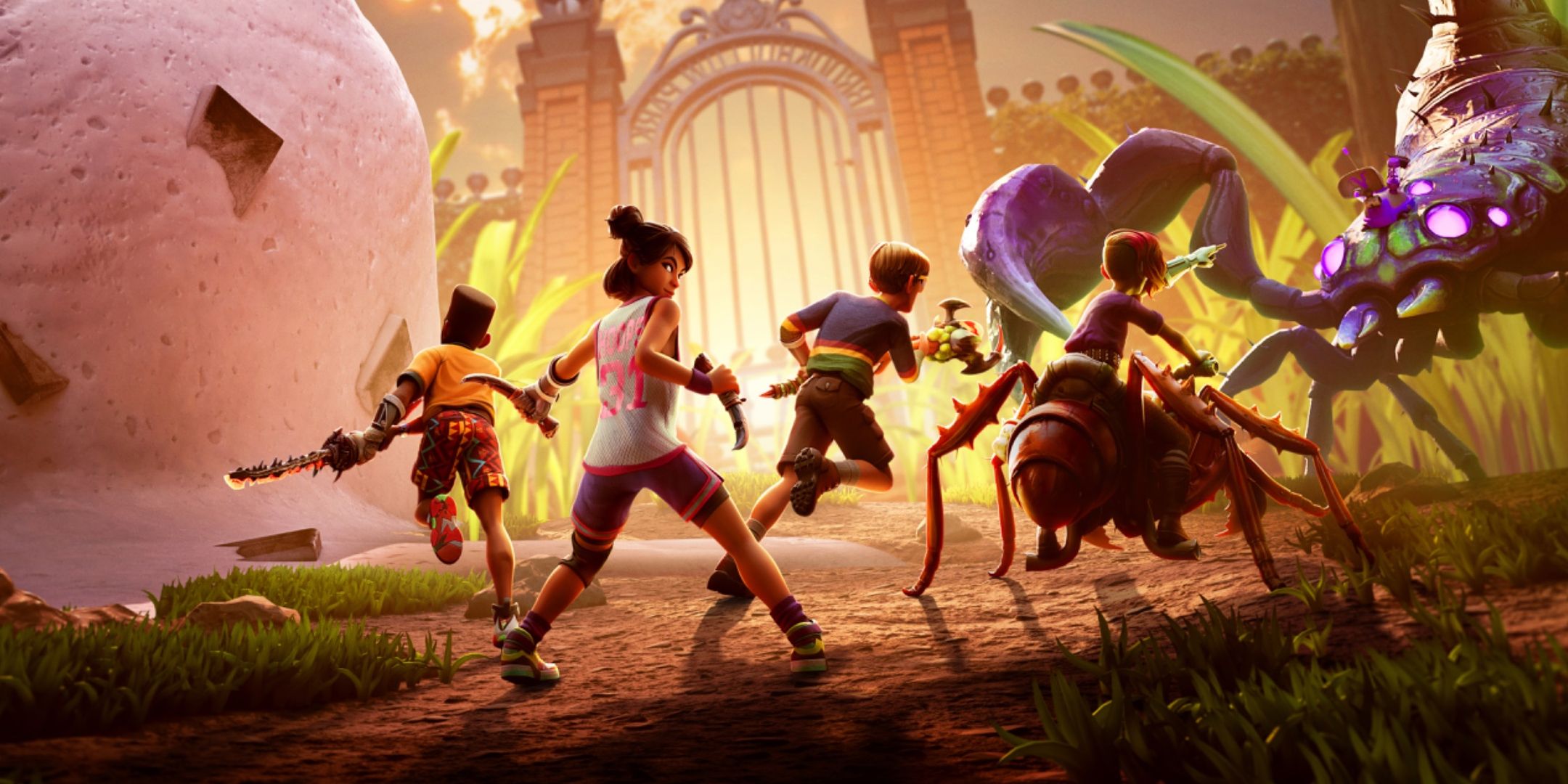 Grounded 2 key art, showing Max, Hoops, Willow, and Pete fighting a scorpion.