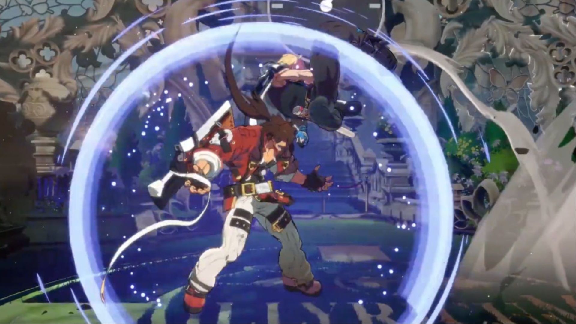 Sol Badguy activating Blue Roman Cancel to slow time to react to Ky Kiske's Foudre Arc in Guilty Gear Strive.